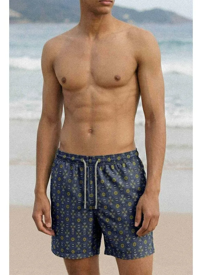 Aytuğ Egyptian Men's Geometric Floral Print Navy Swim Shorts.