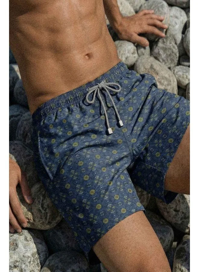Aytuğ Egyptian Men's Geometric Floral Print Navy Swim Shorts.