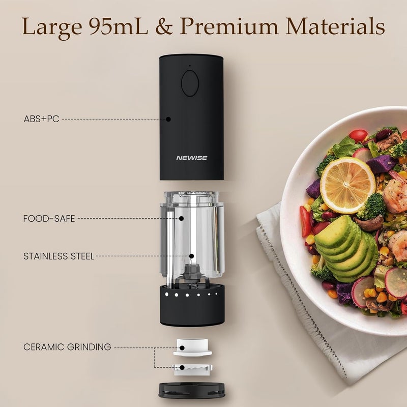 Newise Electric Salt & Pepper Grinder Set, Rechargeable with LED Light & External Coarseness Adjustment, One-Hand Operation, Perfect Kitchen Gift for Home Cooks & Families - Black - Image 5