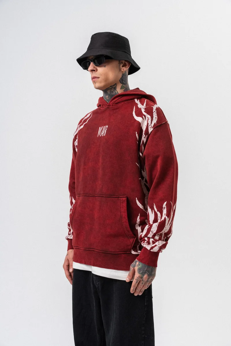 RESPIRE Men’s War Printed Washed Oversize Hoodie Burgundy