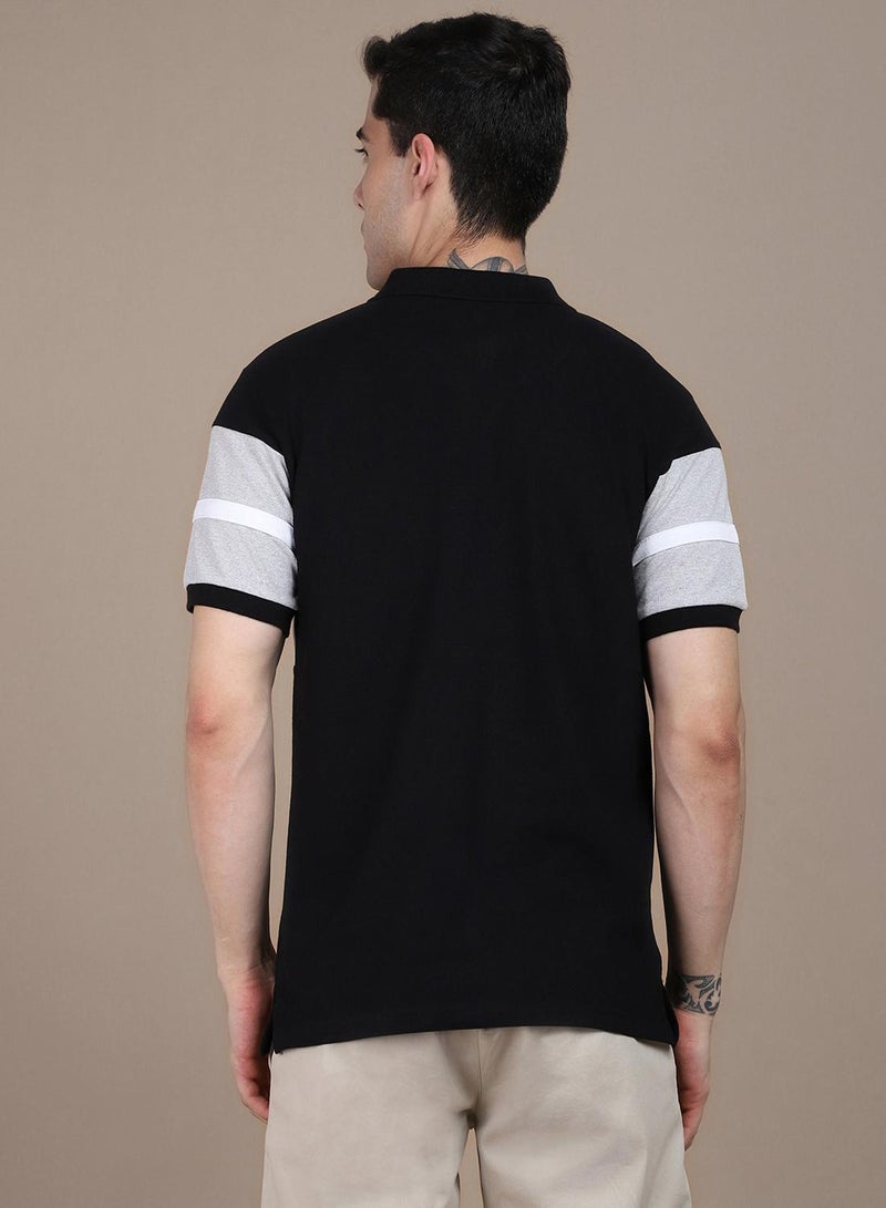 Dennis Lingo Men's Black 100% Cotton Colourblocked Regular Fit T-Shirt  - Image 5