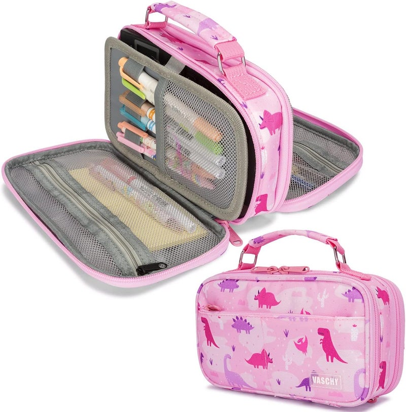 Vaschy Pencil Case for Girls, Aesthetic Kawaii Large Pencil Pouch Stationary Pencil Bag/Box for Preppy Kids, Pen Organizer Holder School Supply Pink Dinos - Image 1