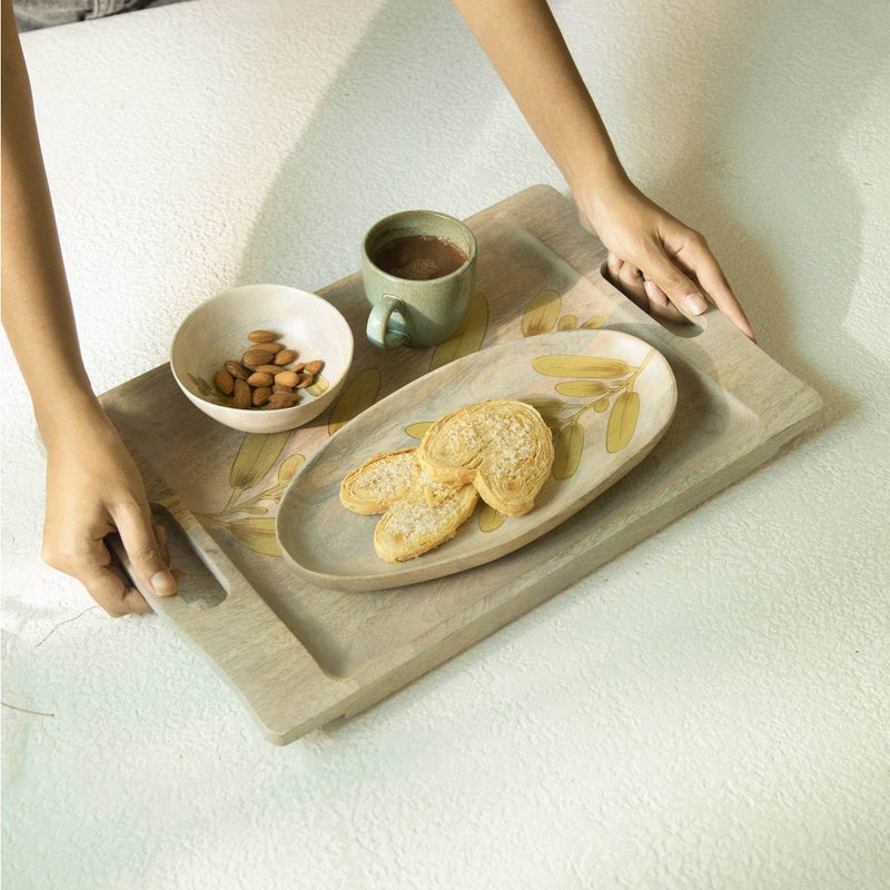 Ellementry Wisteria Yellow Tray for Serving and Organizing, Wooden Platter for Kitchen, Coffee Table & Dining Room Table, Food-Safe Grey Finish Tray for Gifting & Home Décor - Image 5