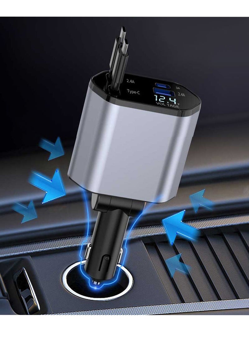 120 وات شاحن سيارة قابل للسحب، 4 في 1 شاحن سيارة سريع الشحن USB-C و USB-A كابلات قابلة للسحب متوافقة مع iPhone 17/16/15/14/13/12/11، Galaxy، Pixel - Image 3