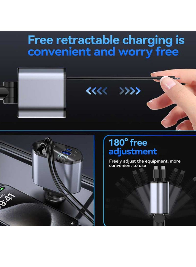 120 وات شاحن سيارة قابل للسحب، 4 في 1 شاحن سيارة سريع الشحن USB-C و USB-A كابلات قابلة للسحب متوافقة مع iPhone 17/16/15/14/13/12/11، Galaxy، Pixel - Image 5