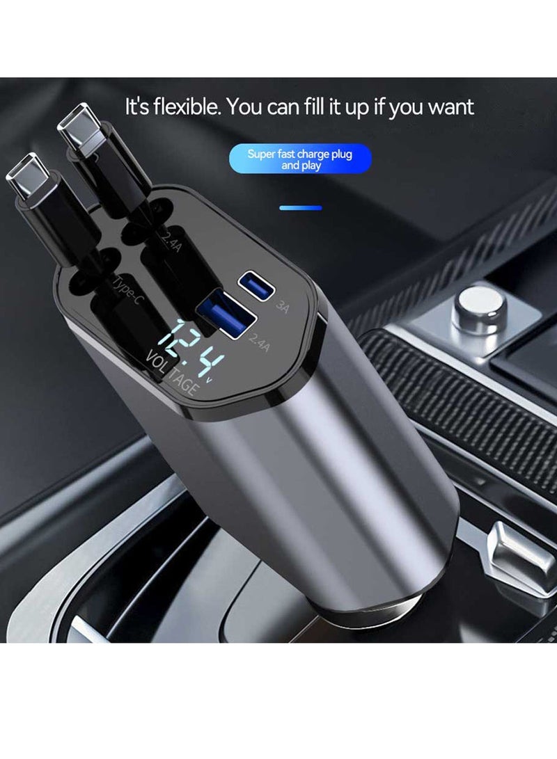 120 وات شاحن سيارة قابل للسحب، 4 في 1 شاحن سيارة سريع الشحن USB-C و USB-A كابلات قابلة للسحب متوافقة مع iPhone 17/16/15/14/13/12/11، Galaxy، Pixel - Image 4