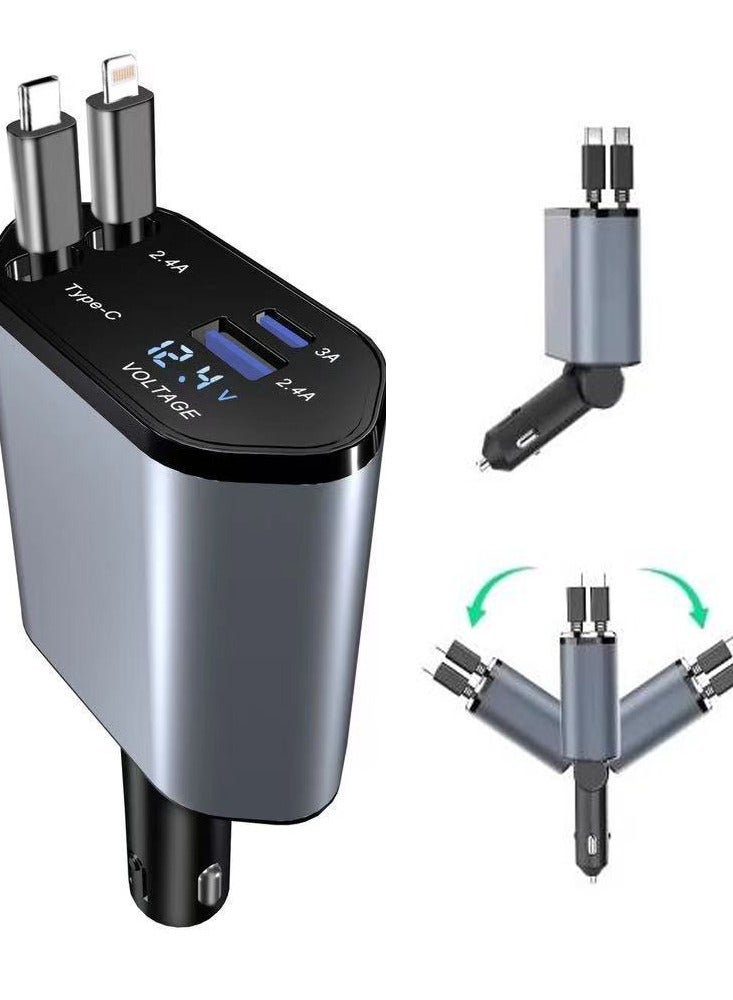 120 وات شاحن سيارة قابل للسحب، 4 في 1 شاحن سيارة سريع الشحن USB-C و USB-A كابلات قابلة للسحب متوافقة مع iPhone 17/16/15/14/13/12/11، Galaxy، Pixel - Image 1