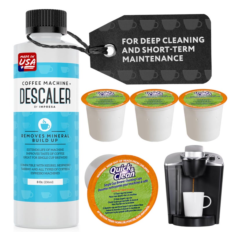 مجموعة تنظيف آلة القهوة IMPRESA مزيل الترسبات متوافق مع صانعات القهوة Keurig KDuo KCup 8 أونصات محلول إزالة الترسبات 4 كبسولات صيانة مجموعة العناية بآلة القهوة