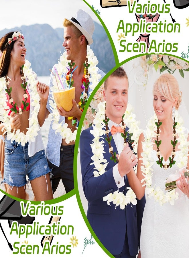 Gosodeny 2 Pcs White Orchid Lei Hawaiian Luau Lei Graduation Lei Hawaiian Kukui Nut Necklace Artificial Hawaiian Flower Garland for Graduation Party Accessories - Image 4