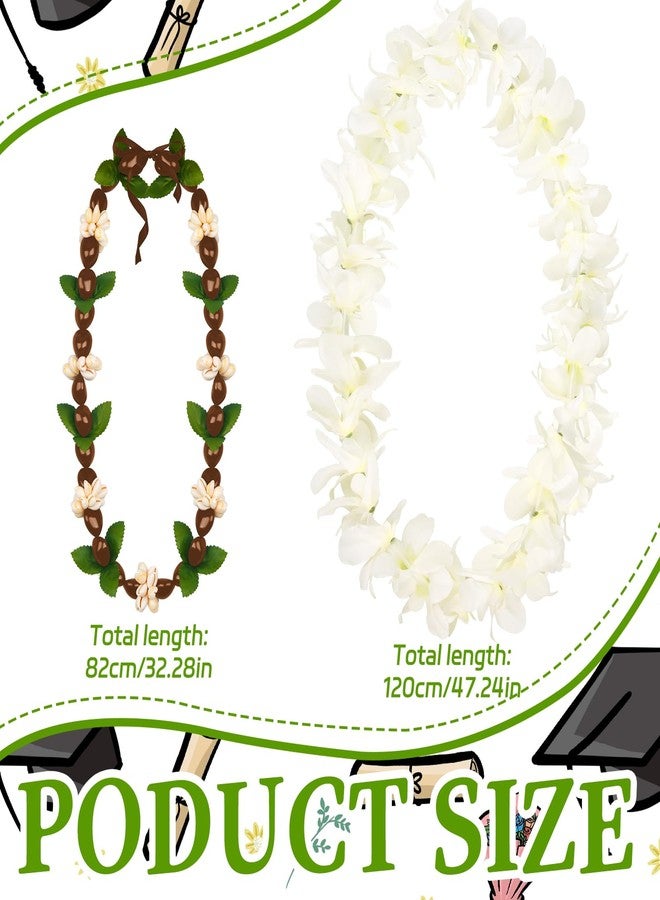 Gosodeny 2 Pcs White Orchid Lei Hawaiian Luau Lei Graduation Lei Hawaiian Kukui Nut Necklace Artificial Hawaiian Flower Garland for Graduation Party Accessories - Image 2