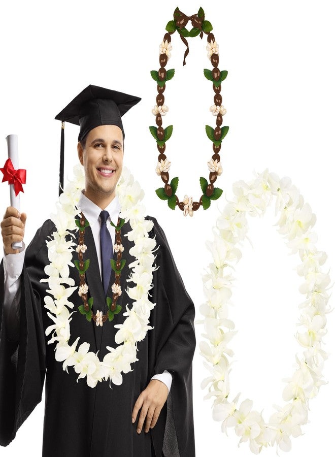 Gosodeny 2 Pcs White Orchid Lei Hawaiian Luau Lei Graduation Lei Hawaiian Kukui Nut Necklace Artificial Hawaiian Flower Garland for Graduation Party Accessories - Image 1