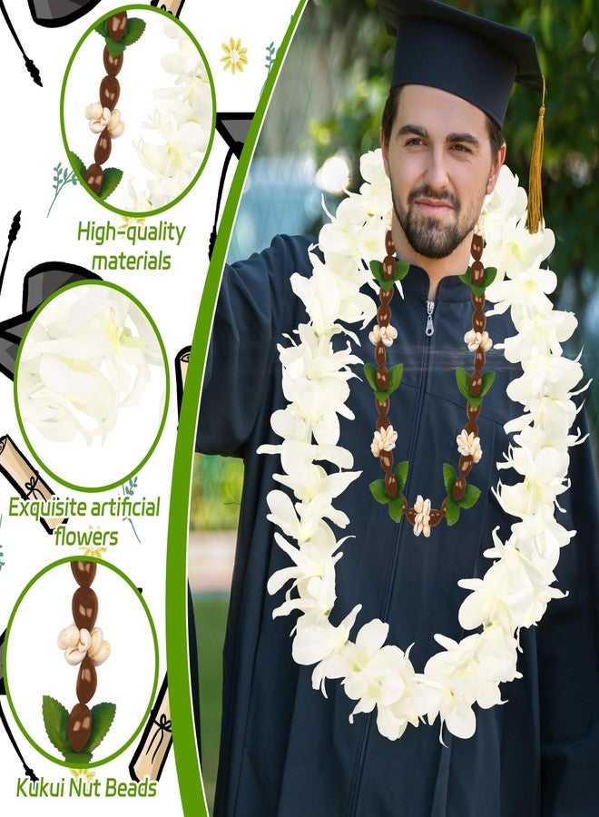 Gosodeny 2 Pcs White Orchid Lei Hawaiian Luau Lei Graduation Lei Hawaiian Kukui Nut Necklace Artificial Hawaiian Flower Garland for Graduation Party Accessories - Image 3