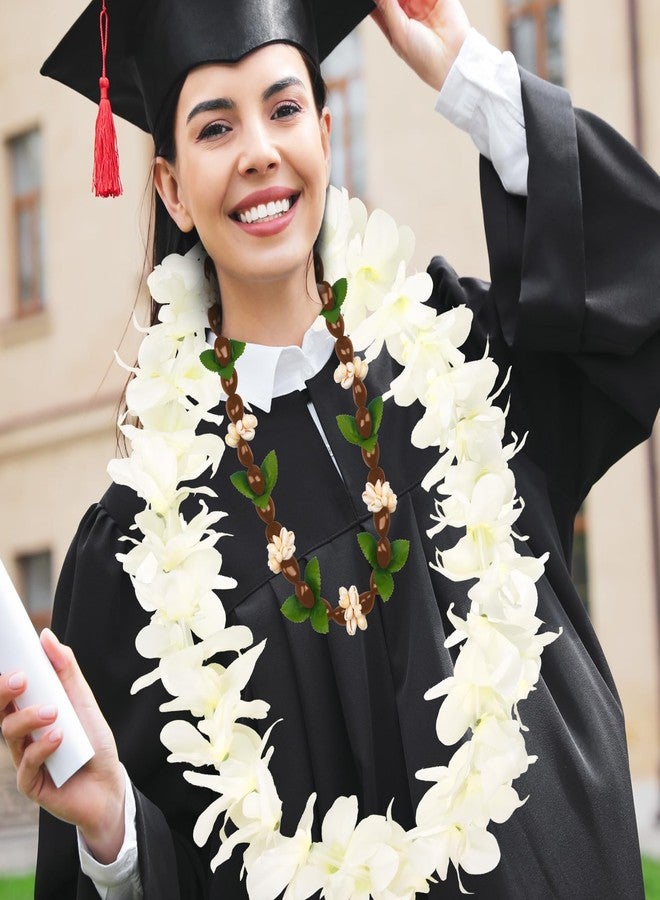 Gosodeny 2 Pcs White Orchid Lei Hawaiian Luau Lei Graduation Lei Hawaiian Kukui Nut Necklace Artificial Hawaiian Flower Garland for Graduation Party Accessories - Image 5