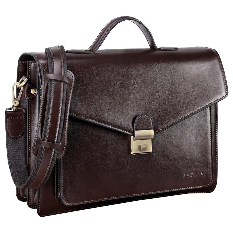 Banuce Vintage Leather Briefcase for Men Hard Attache Case with Lock Professional 14 Inch Laptop Bag for Work Business Travel with Luggage Strap Dark Brown
