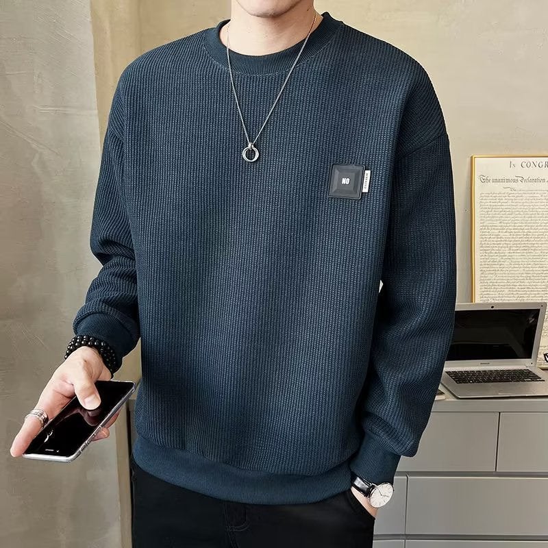 Mens Waffle Knit Crewneck Sweatshirt Long Sleeve Tee Autumn White - Image 4