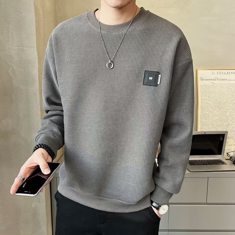 Mens Waffle Knit Crewneck Sweatshirt Long Sleeve Tee Autumn White - Image 3