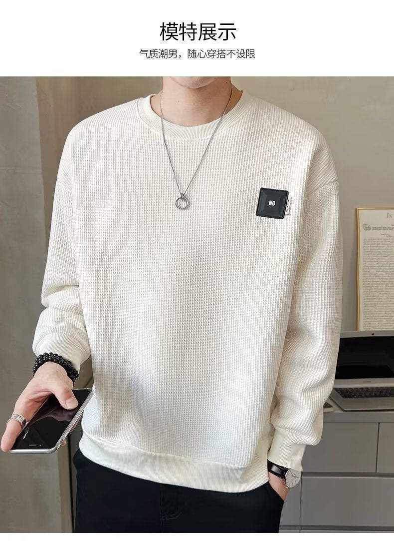 Mens Waffle Knit Crewneck Sweatshirt Long Sleeve Tee Autumn White - Image 1