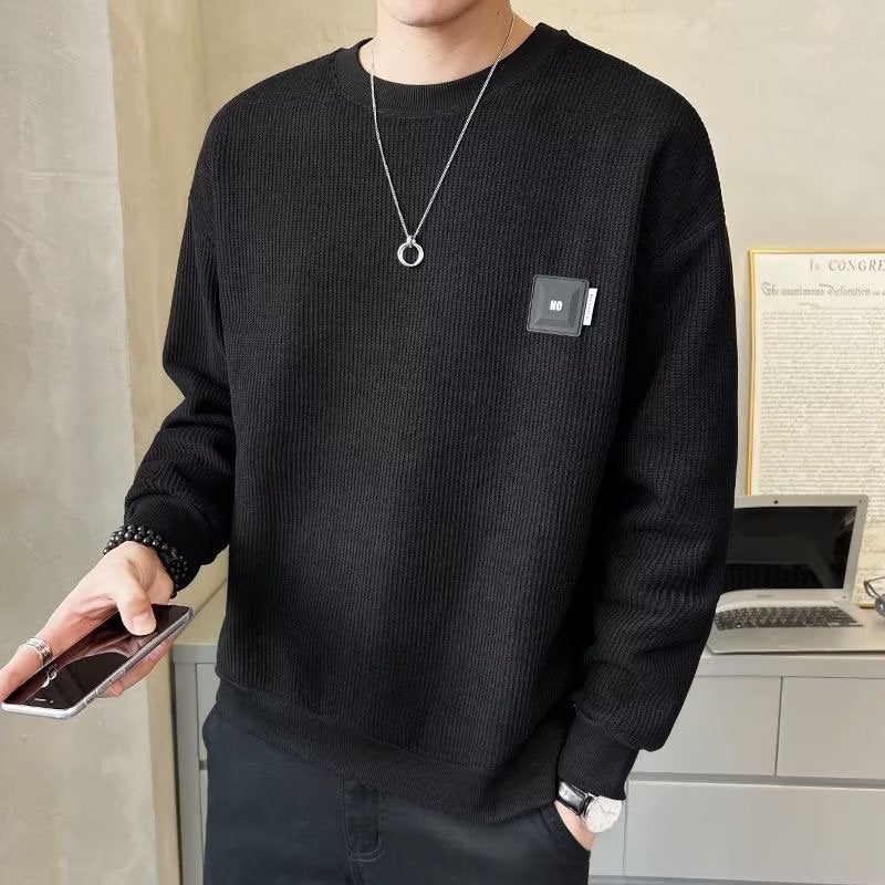 Mens Waffle Knit Crewneck Sweatshirt Long Sleeve Tee Autumn White - Image 2