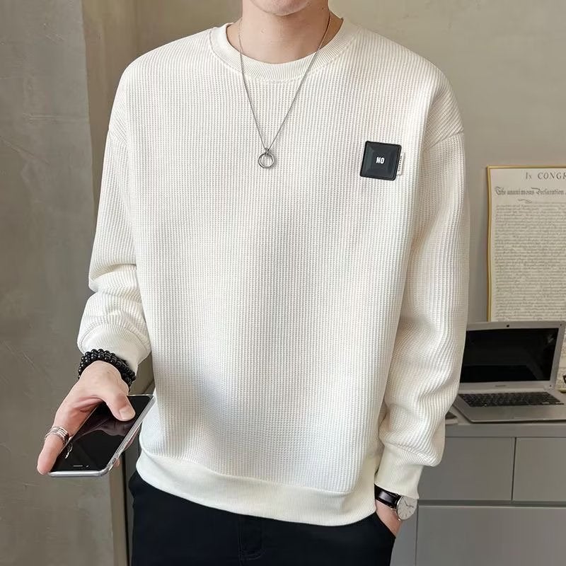Mens Waffle Knit Crewneck Sweatshirt Long Sleeve Tee Autumn White - Image 5
