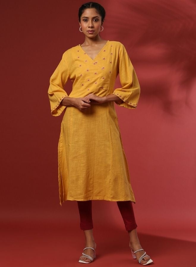 Abhishti Straight yoke cut embroidered kurta- mustard  - Image 1