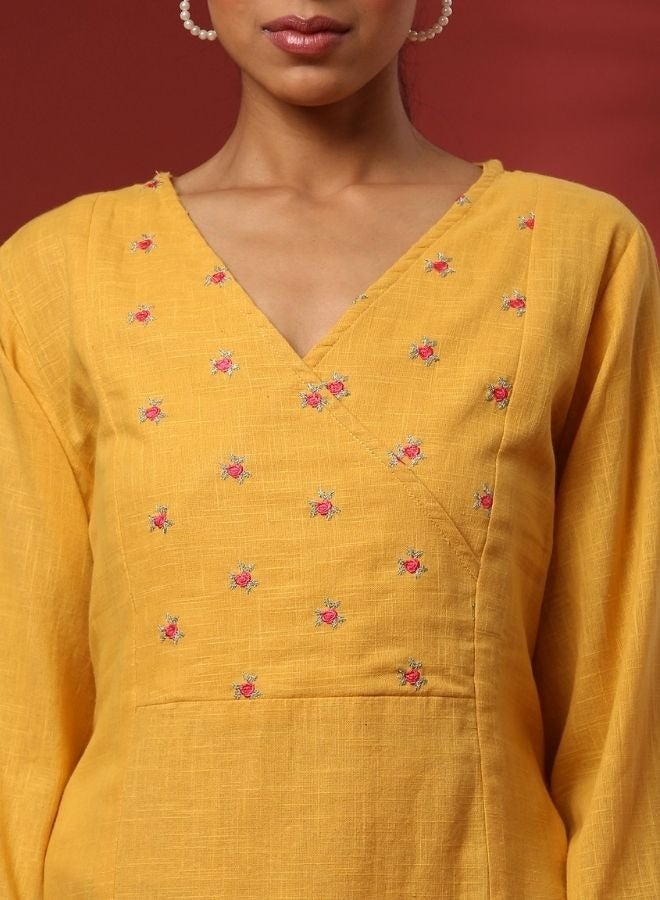 Abhishti Straight yoke cut embroidered kurta- mustard  - Image 2