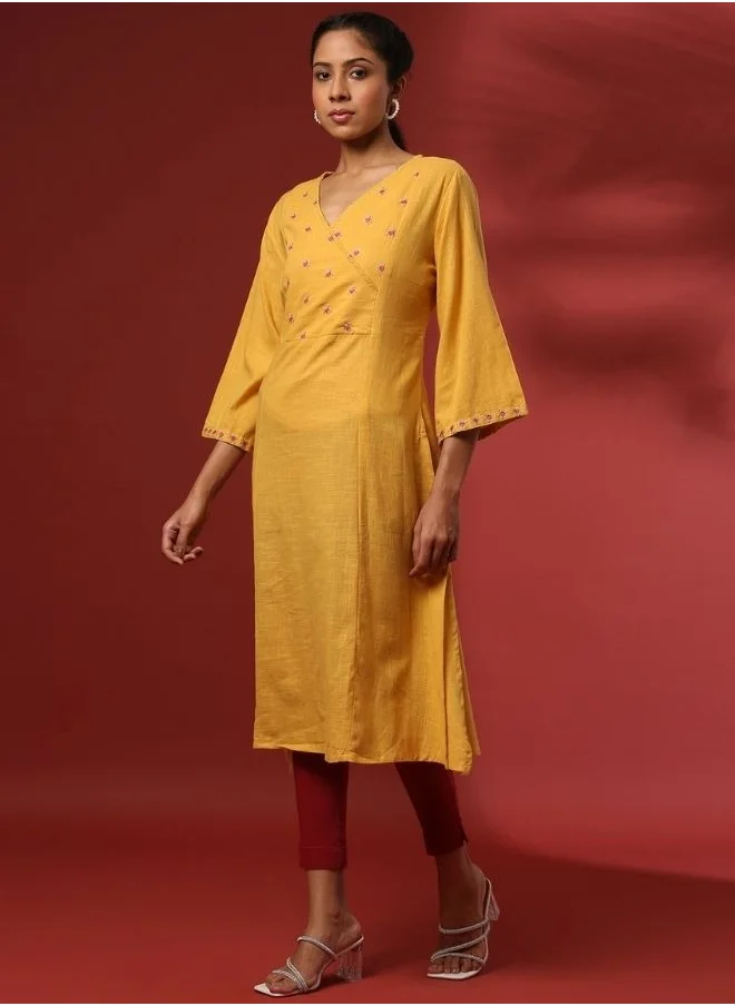 Abhishti Straight yoke cut embroidered kurta- mustard