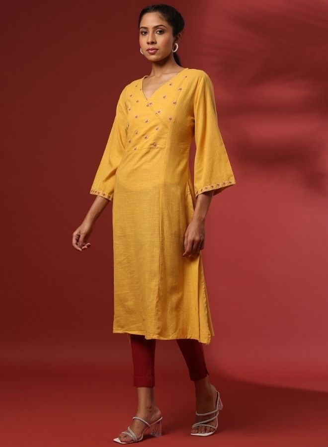 Abhishti Straight yoke cut embroidered kurta- mustard  - Image 3