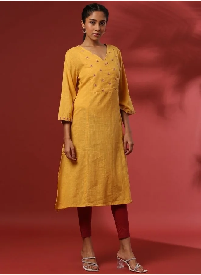 Abhishti Straight yoke cut embroidered kurta- mustard