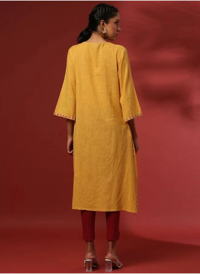 Abhishti Straight yoke cut embroidered kurta- mustard