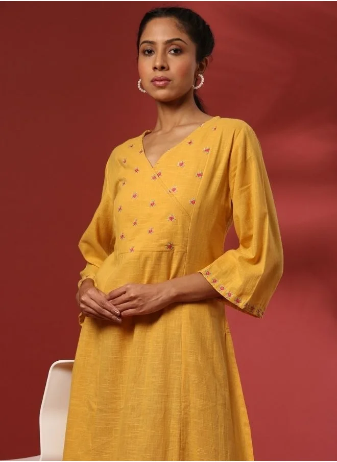 Abhishti Straight yoke cut embroidered kurta- mustard