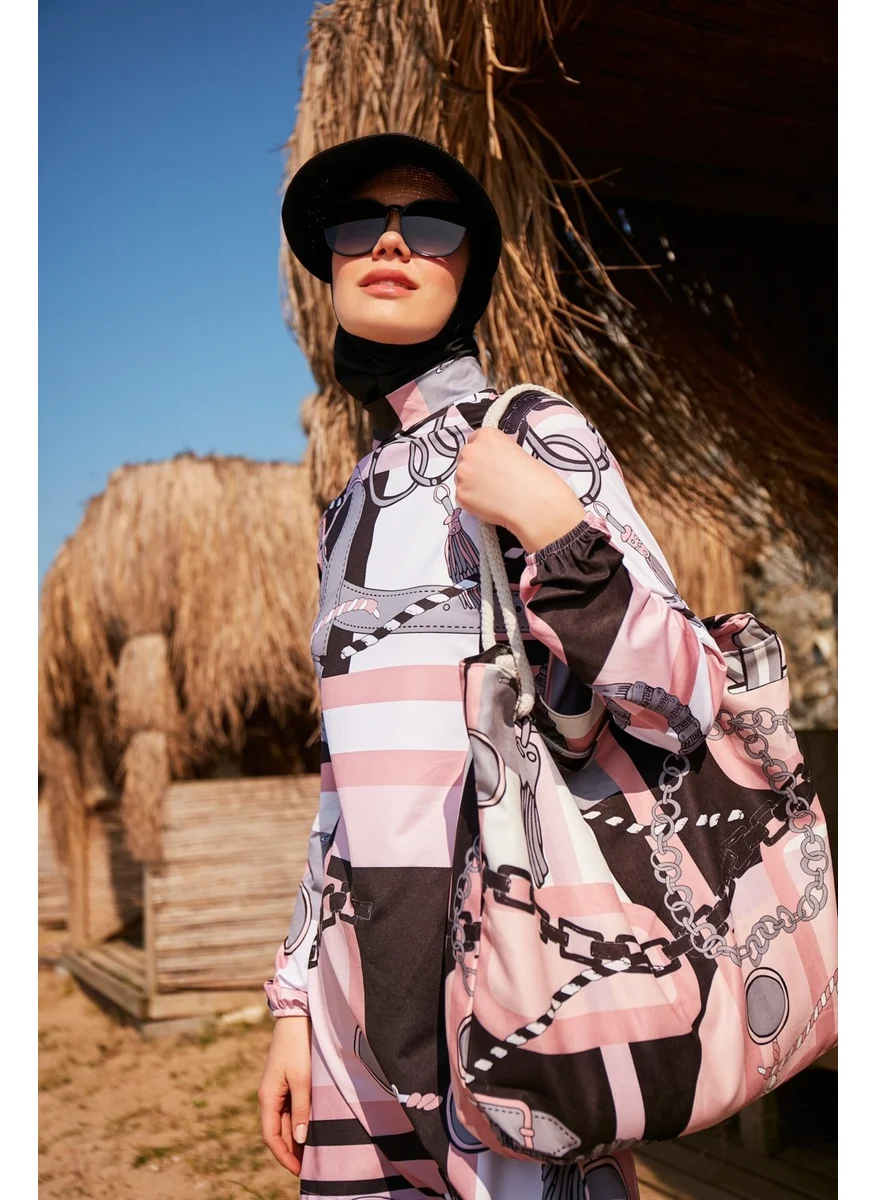 مارينا Chain Patterned Black Fully Covered Hijab Swimsuit M2315-1