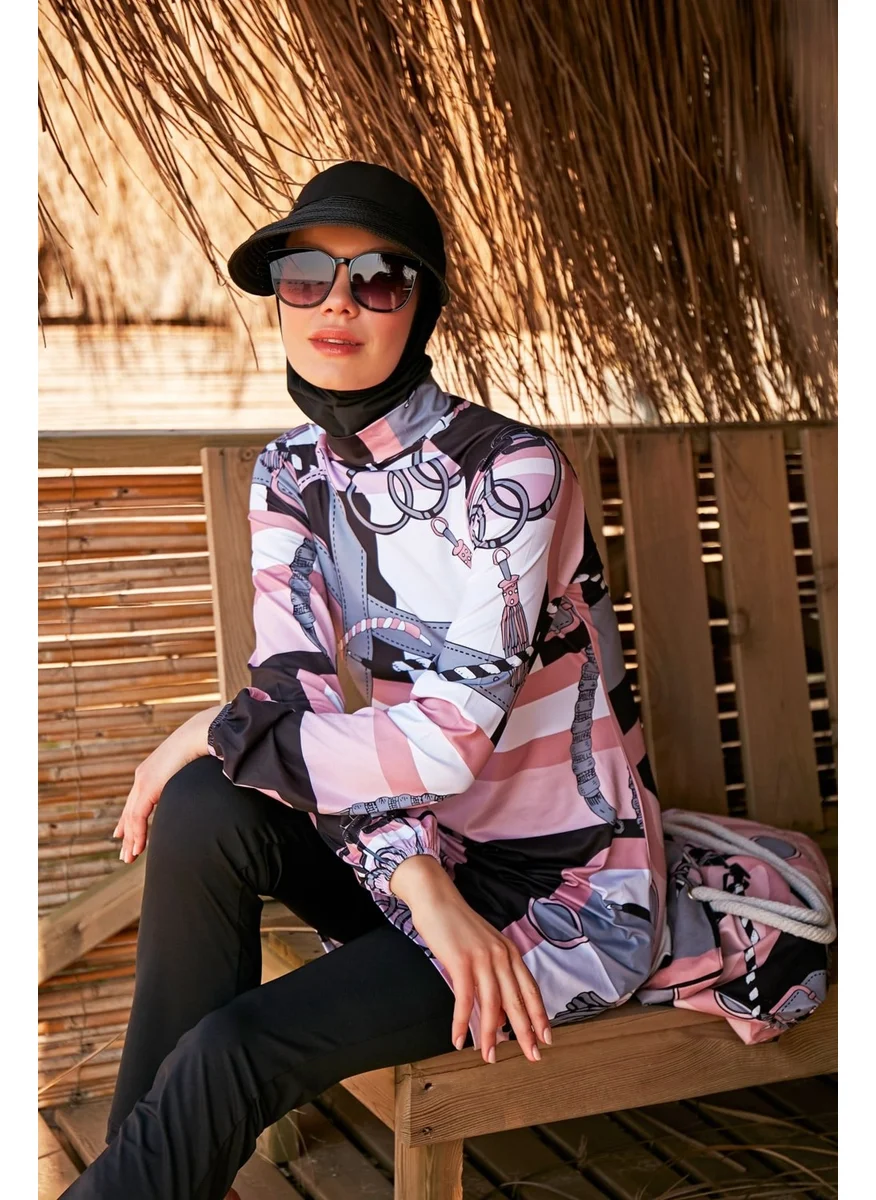 مارينا Chain Patterned Black Fully Covered Hijab Swimsuit M2315-1