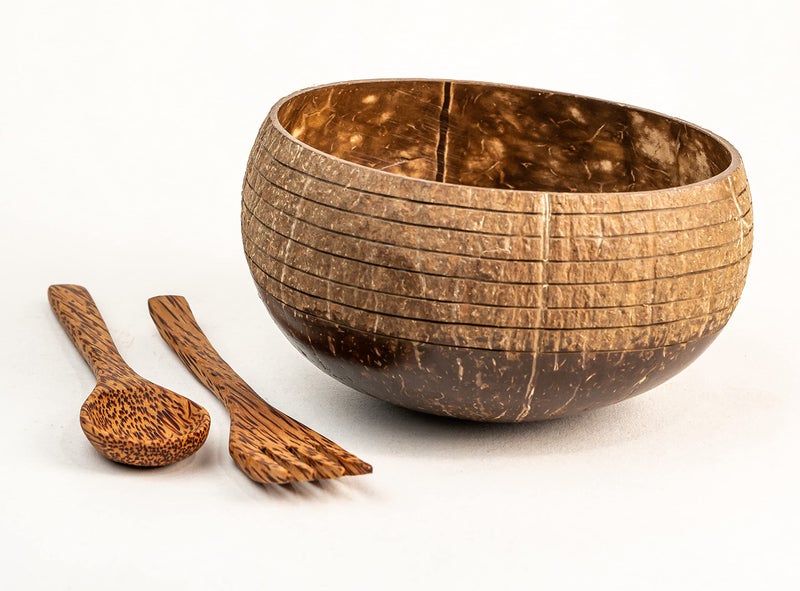 HUNTSMAN Ring Jumbo Coconut Bowl - 900 ML, 1 Bowl with Spoon and Fork, 100% Natural, Handcrafted & Eco Friendly (Brown, Pack of 1) - Image 1