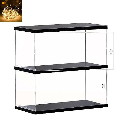 HEYJOY Clear Acrylic Display Case for Mini Funko Pop Figures with Light, 2 Layer Storage Cabinet Shelf Showcase for Toys Mini Figures Collectibles Rock Stone Crystals, Wooden Black Finish 10.2x4.7x11.4inch - Image 1