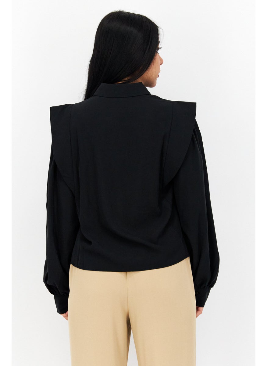 s.Oliver Women Pointed Collar Long Sleeve Solid Shirts, Black  - Image 4