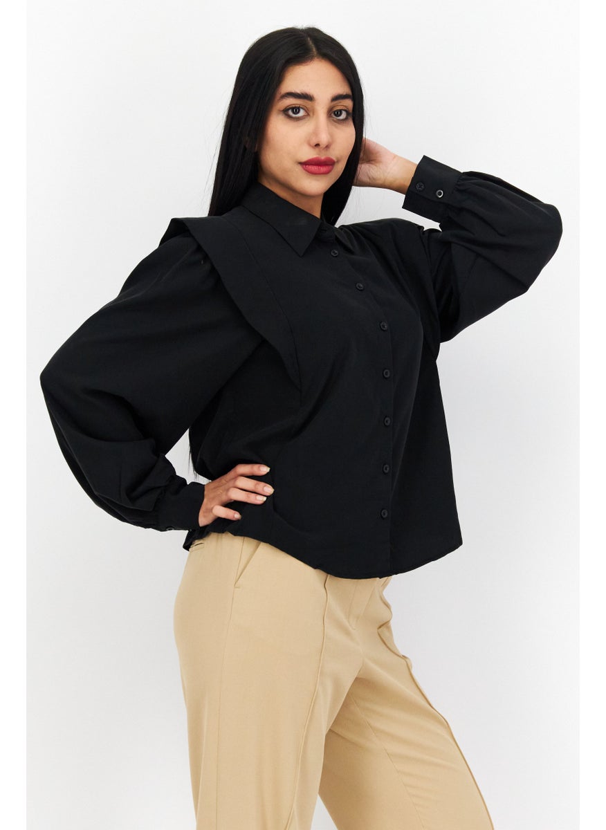 s.Oliver Women Pointed Collar Long Sleeve Solid Shirts, Black  - Image 2