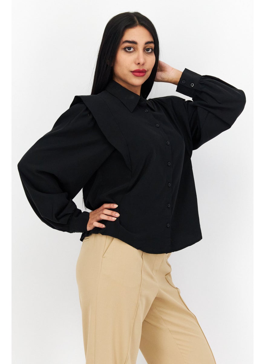 Women Pointed Collar Long Sleeve Solid Shirts, Black - pzsku/Z8D1F3859736527AF5A5CZ/45/_/1734272039/0556b237-3fbc-48fd-997b-fc8cda2c674a