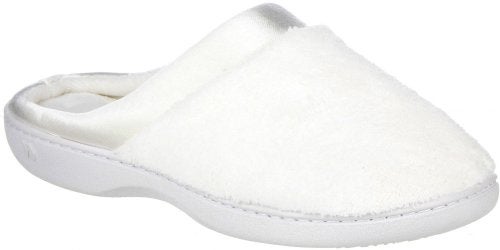isotoner Women's Microterry PillowStep Satin Cuff Clog Slippers, White, 8.5-9 B(M) US - Image 1