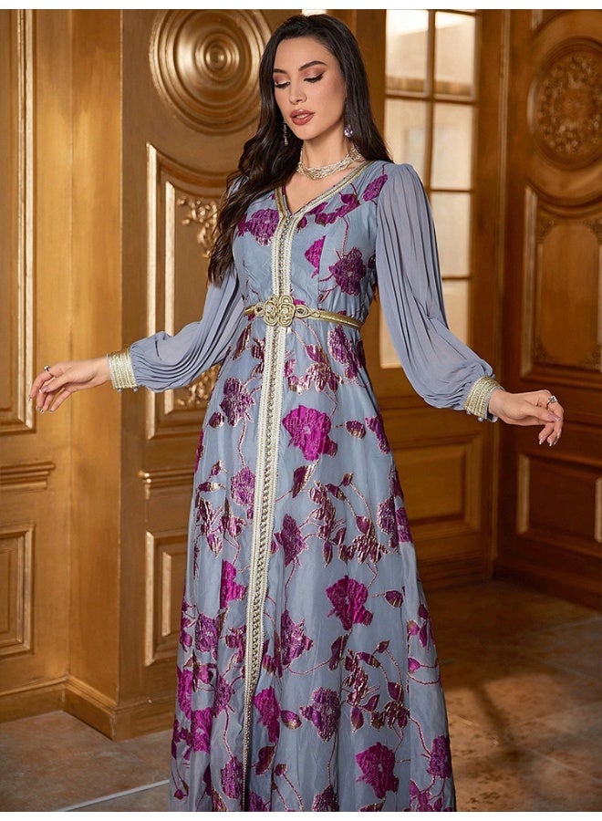 Madam Uniq Long Sleeve V-Neck Embroidered Dress with Belt  - Image 4