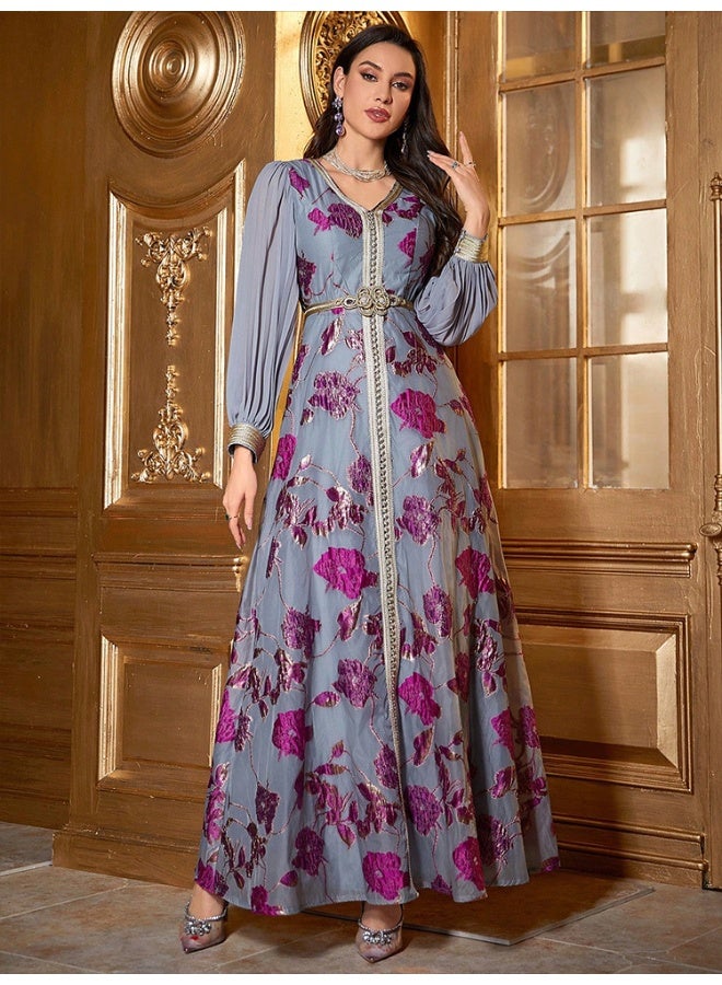 Madam Uniq Long Sleeve V-Neck Embroidered Dress with Belt  - Image 2