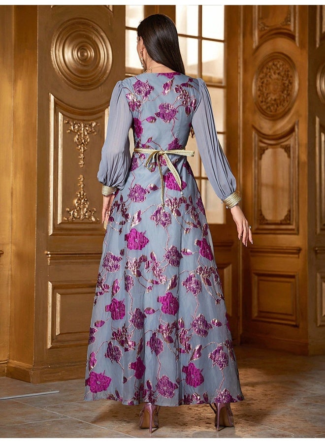 Madam Uniq Long Sleeve V-Neck Embroidered Dress with Belt  - Image 3