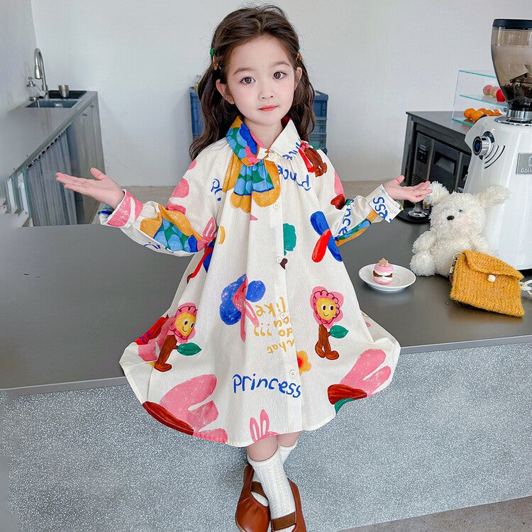 Spring and Autumn New Girls Lel Cartoon Animation Print Long Sleeve dress Childrens Cute Loose Casual Skirt flower color