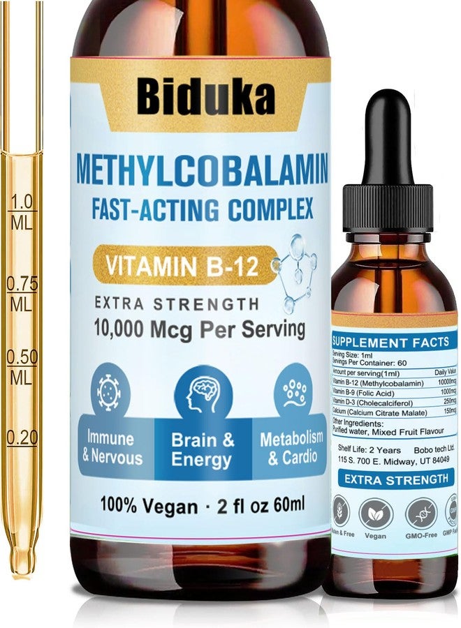 Biduka قطرات بيدوكا السائلة تحت اللسان، ١٠٠٠٠ ميكروغرام من فيتامين ب١٢، تركيبة فريدة مع فيتامين د٣، وفيتامين ب٩ (حمض الفوليك)، والكالسيوم، تدعم الطاقة، والقلب، والمزاج، والدماغ، والجهاز المناعي، مناسبة للنباتيين، غير معدلة وراثيًا وخالية من الغلوتين. - Image 1
