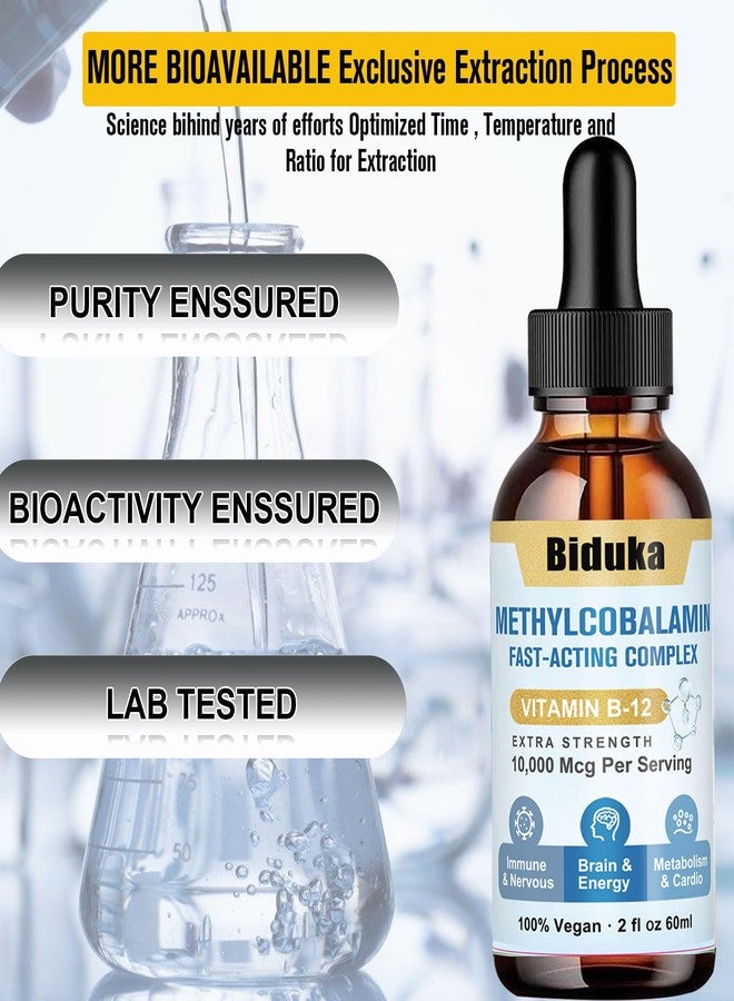 Biduka قطرات بيدوكا السائلة تحت اللسان، ١٠٠٠٠ ميكروغرام من فيتامين ب١٢، تركيبة فريدة مع فيتامين د٣، وفيتامين ب٩ (حمض الفوليك)، والكالسيوم، تدعم الطاقة، والقلب، والمزاج، والدماغ، والجهاز المناعي، مناسبة للنباتيين، غير معدلة وراثيًا وخالية من الغلوتين. - Image 4