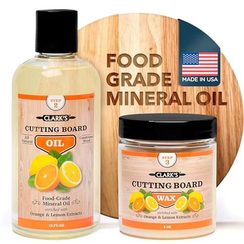 CLARKS Food Grade Mineral Oil 12oz and Carnauba Wax 6oz Set  100 Natural Butcher Block Oil and Cutting Board Wax  Food Safe Beeswax and Wood Cutting Board Oil with Orange  Lemon Extract