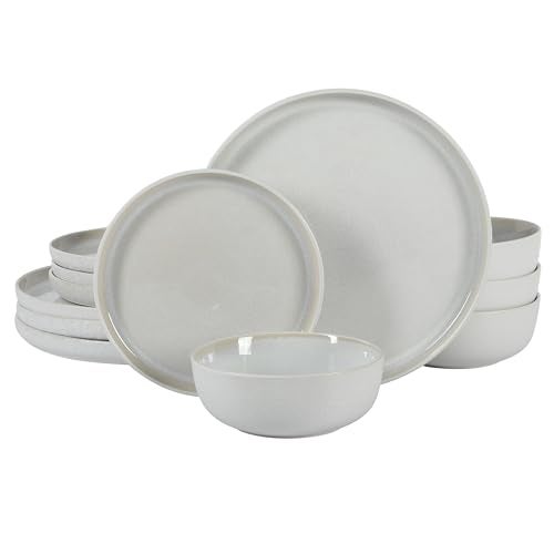 Gibson Elite Tahoe Sunset 12 Piece Stoneware Reactive Glaze (Service for 4) Ceramic Plates and Bowls Dinnerware Set - Cream White - Image 1