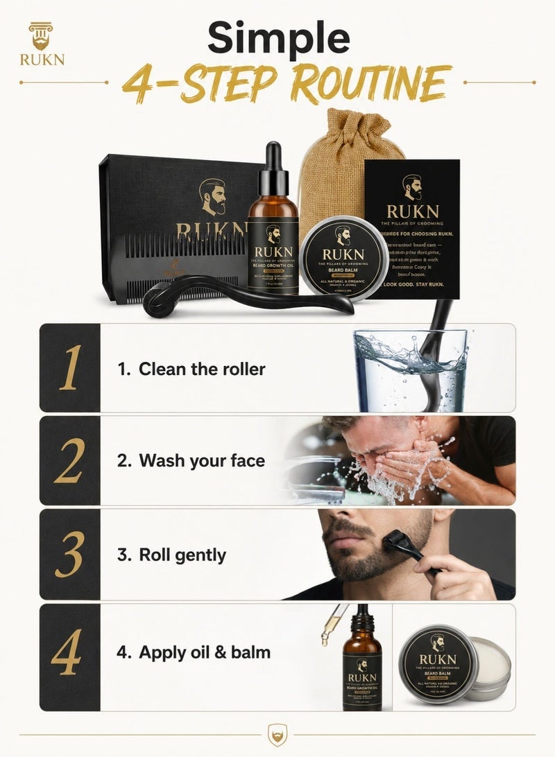 RUKN Beard Growth & Grooming Kit for Men – Complete Beard Care Set with Beard Oil, Balm, Derma Roller, Comb, Storage Pouch & Luxury Gift Box – for Patchy, Dry & Unruly Beards - Image 3