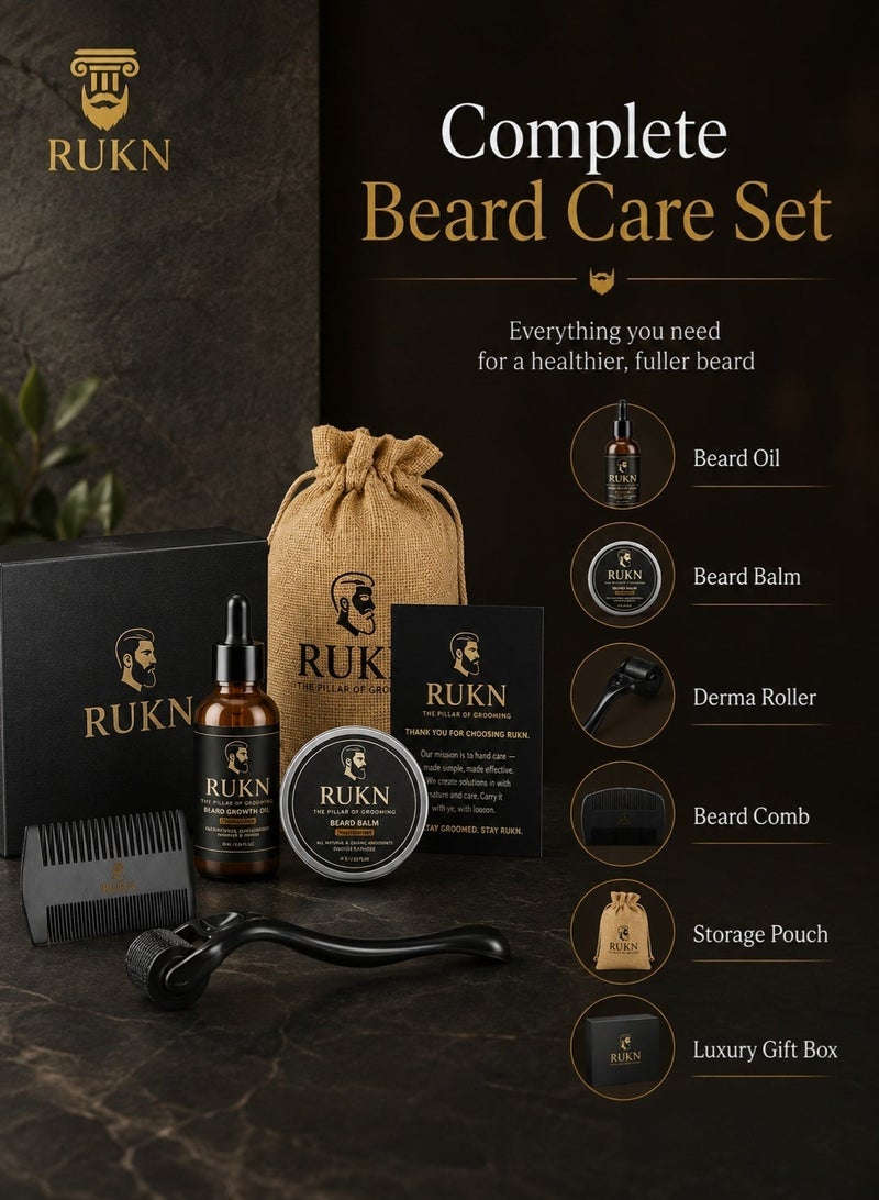 RUKN Beard Growth & Grooming Kit for Men – Complete Beard Care Set with Beard Oil, Balm, Derma Roller, Comb, Storage Pouch & Luxury Gift Box – for Patchy, Dry & Unruly Beards - Image 5