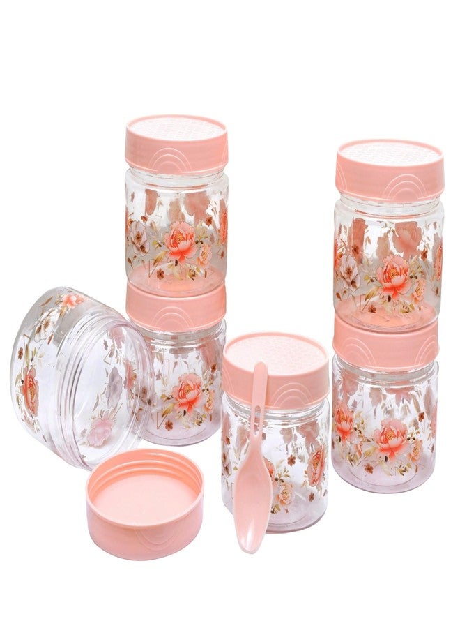 VRISTO 250 ml Airtight Kitchen Container & Jar Set of 6 with Floral Design & Spoon – Spice Storage Dabba, Masala Jars, Food Grade Plastic, Multipurpose Storage for Sugar, Salt (Pink) - Image 1