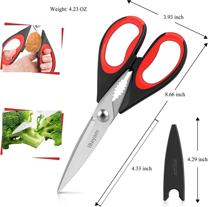 iBayam Kitchen Scissors All Purpose Heavy Duty, Kitchen Utensils Set, Stainless Steel Cooking Utensils Gadgets, Meat Poultry Food Shears Dishwasher Safe Utility Tools Home Gift, with Protective Sheath - Image 3
